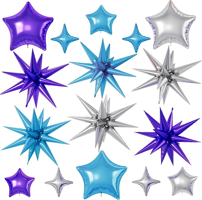 16 Pcs Blue Purple Silver Star Balloons, 22/18/10 Inch Foil Balloons, by Sowide