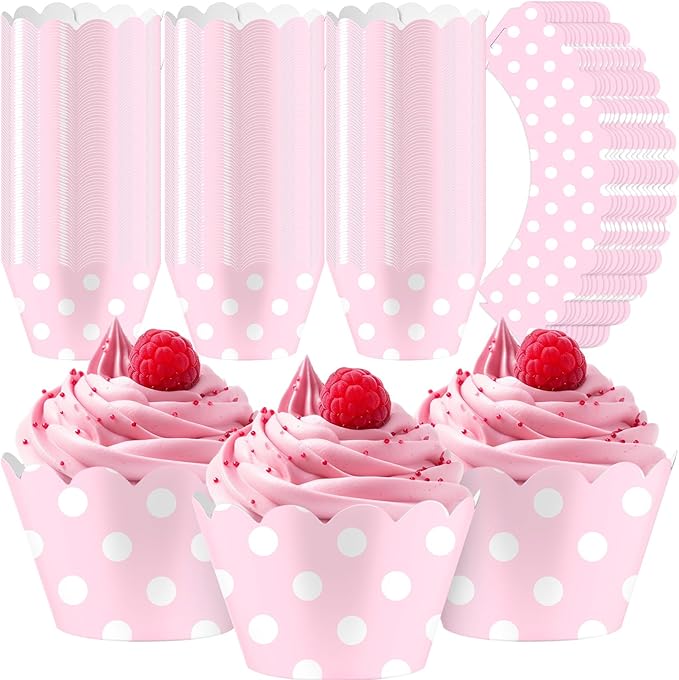 Domensi 100 Pcs Pink Polka Dots Cupcake Wrappers Rustic Cupcake Liners Baking by Domensi