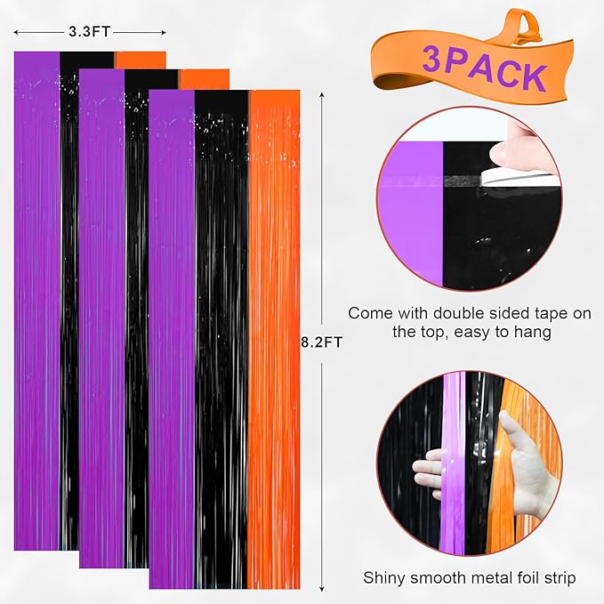 3 Pack 3.3 x 8.2 ft Halloween Foil Fringe Backdrop Curtains, Tinsel Streamers - Image 2