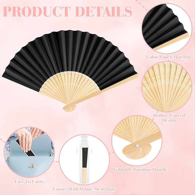6 Pieces Black Hand Held Bamboo Folding Fans Foldable Paper Fans Handheld - Image 3