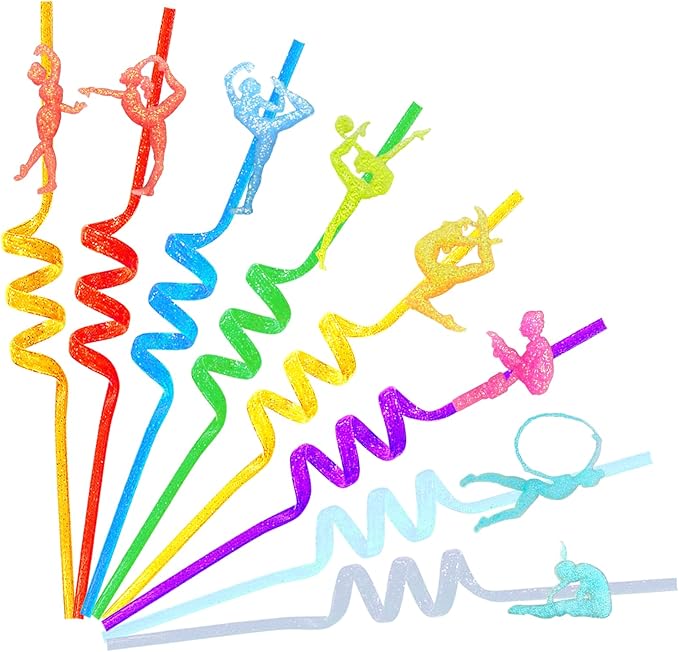 24 Reusable Gymnastics Party Glitter Straws, Cartoon Dance Aerobics Decoration by Unknown
