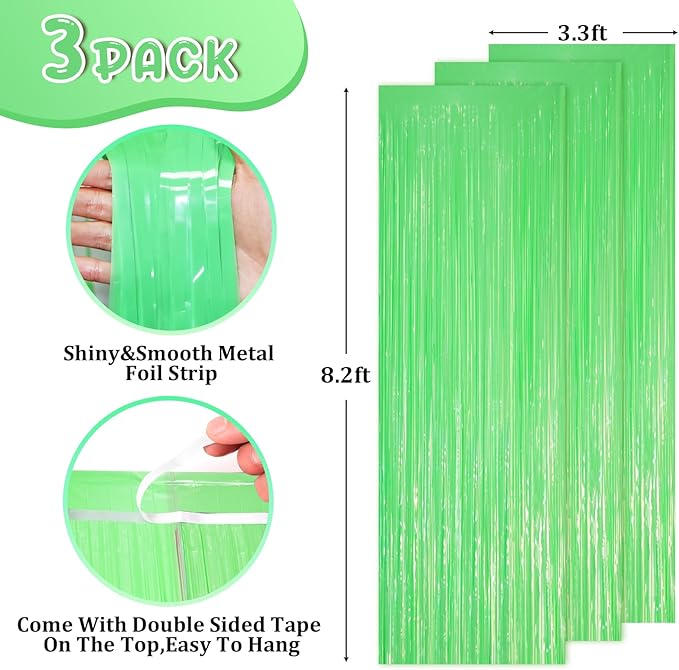 3 Pack 3.3 x 8.2 ft Pastel Green Foil Fringe Backdrop Curtains, Tinsel - Image 2