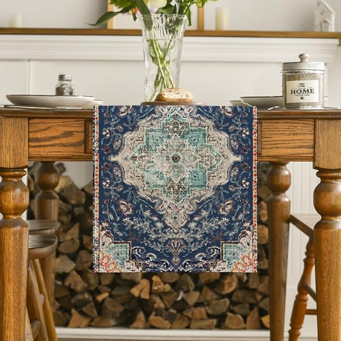 Artoid Mode Boho Bohemia Style Blue Table Runner, Country Rustic Farmhouse - Image 2