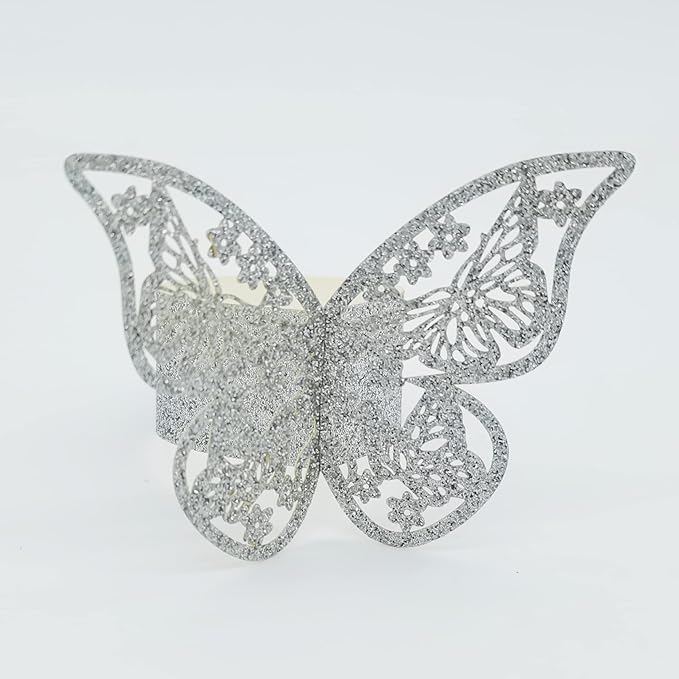 Butterfly Bright Silver Paper Napkin Rings Set of 100 pcs，3D Laser Cutout Paper - Image 6