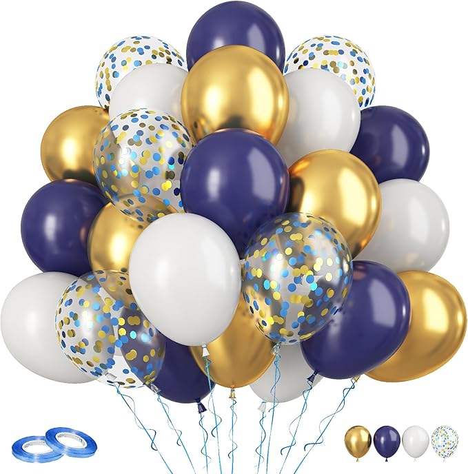 Navy Blue and Gold Balloons, 12 Inch Metallic Gold Blue Confetti Balloons White by FunHot