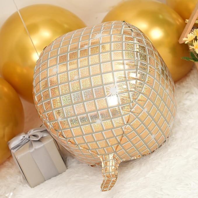 Disco Ball Balloons 4PC, Foil Disco Balloons 22 Inch 4D Round White Gold Balloon - Image 3