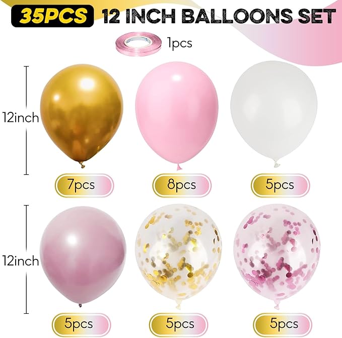 Pink Gold Balloons Set, 12 Inch Pink White Latex Balloons Pink Confetti Helium - Image 2