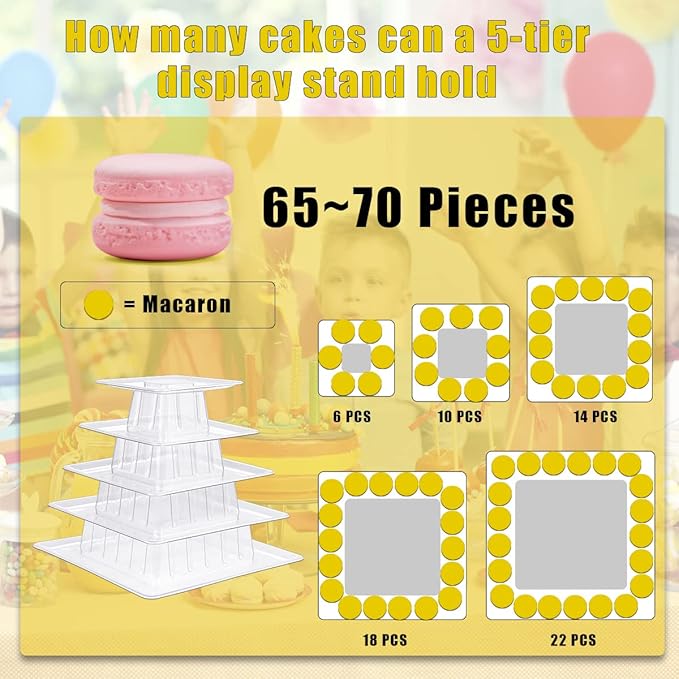 5 Tiers Square Macaron Tower Stand, Plastic Transparent Cake Stand Macaroon - Image 4