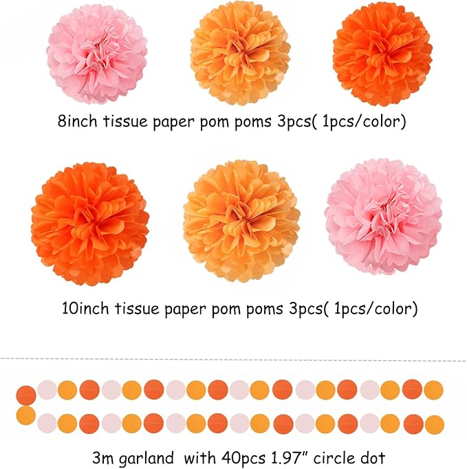 Pink-Orange Groovy Party-Decorations Pom-Poms Streamers - Image 3