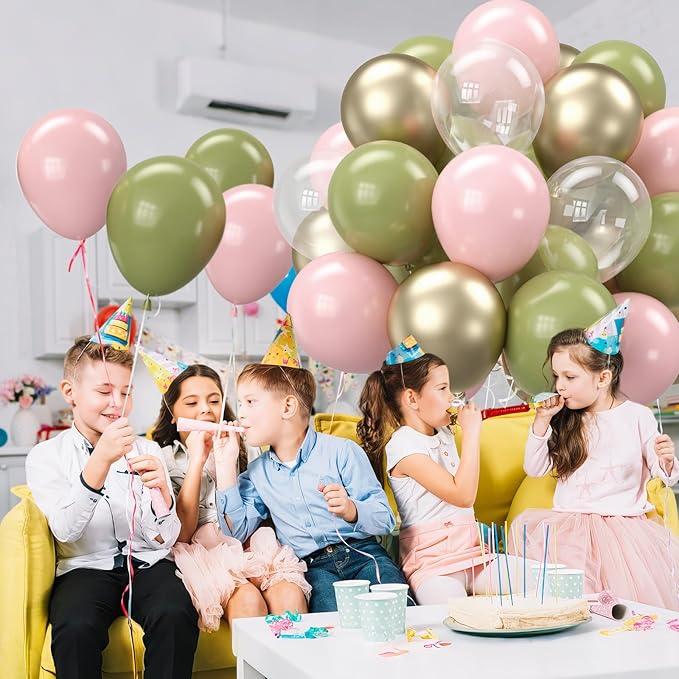 Retro Sage Green and Pink Balloons, 12 inch Metallic Gold Olive Green Pink - Image 7