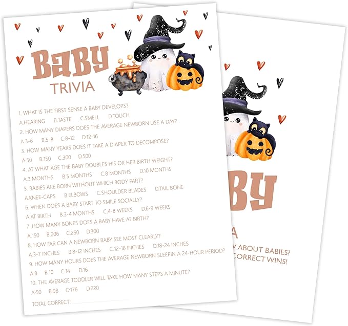 Baby Shower Games, Halloween Baby Trivia, 25 Double-Sided Game Cards + 1 Answer by Beshoul