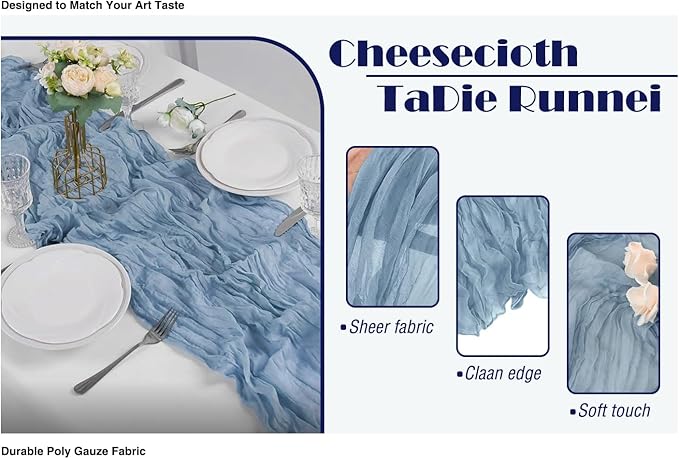 20 Pack Dusty Blue Cheesecloth Table Runner 17x108 Inch Boho Wrinkled Sheer - Image 2