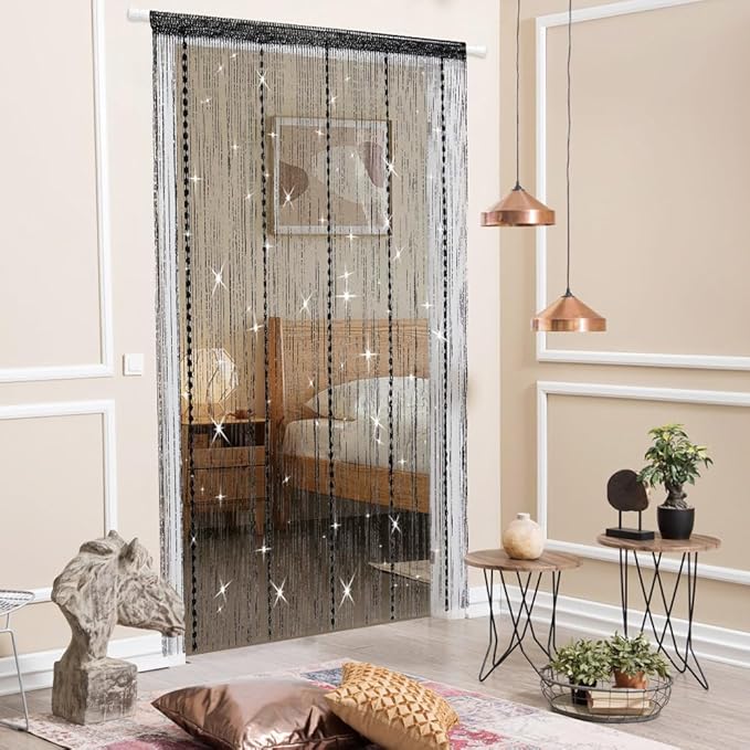 Hysenm Door String Curtains 39x79 Inch Black Panel Soft Balls Romantic Glitter - Image 5