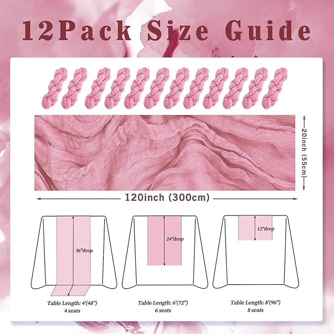 12 Pack Dusty Rose 10FT Cheesecloth Table Runner 20 x 120 Inch Long Rustic - Image 2