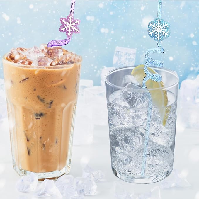 24Pcs Glitter Reusable Frozen Plastic Straws Drinking Straws, 4 Snowflake Shape - Image 4