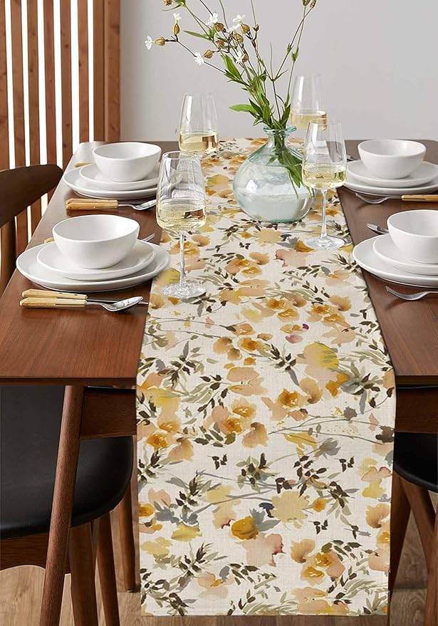 Vintage Orange Flower Cotton Linen Table Runner - Image 2