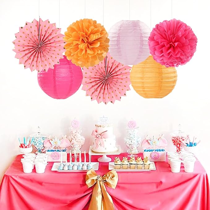 Pink-Orange Fall Party-Decorations Paper-Flowers Lanterns - Image 4