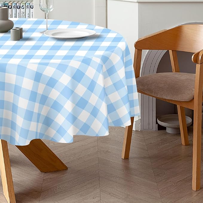 QIKSION Blue Gingham Round Tablecloth 6 Pack, 84 Inch Plastic Checkered Table - Image 3
