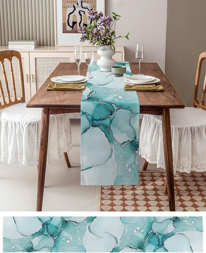 Turquoise Marble Cotton Linen Table Runner - Image 6