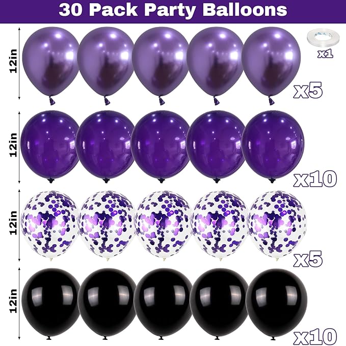 Purple and Black Balloons, 12 Inch Metallic Purple Black Party Balloons - Image 2