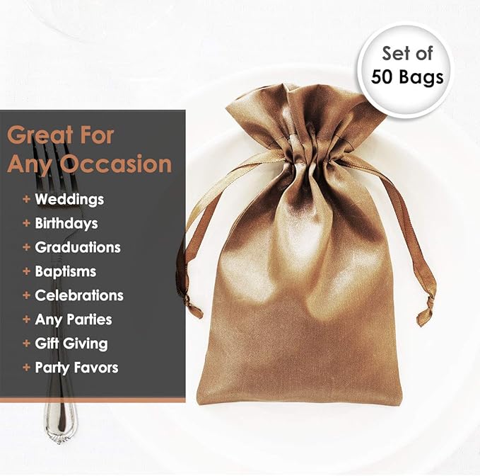6" x 9" Old Gold Satin Gift Bags, Jewelry Bags, Wedding Favor Drawstring Bags - Image 5