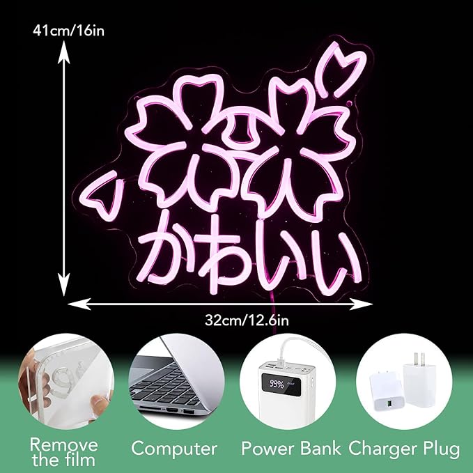Kawaii かわいいLed Neon Light Sign Japanese Cherry Blossoms Light Up Wall Decor - Image 2