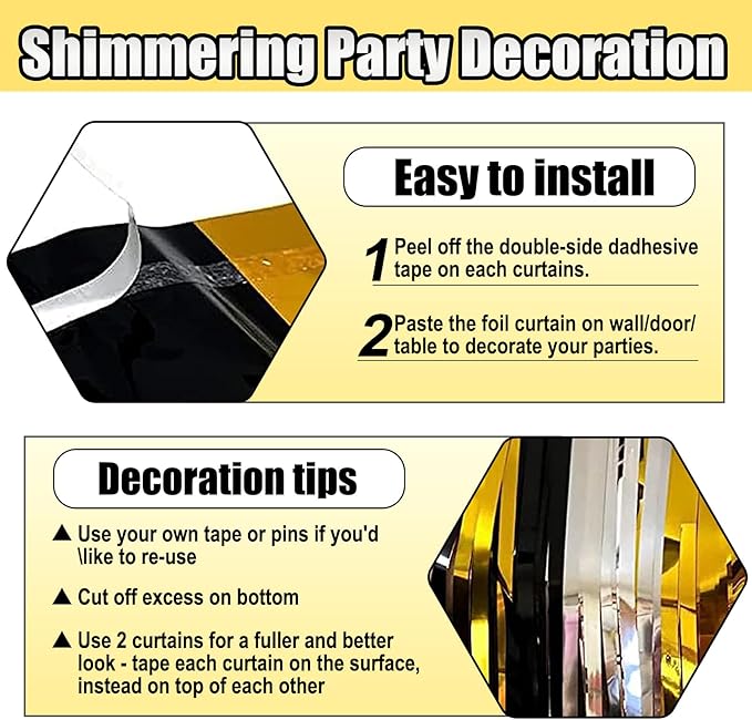 3 Pack Black Gold Silver Foil Fringe Curtain Backdrop, 3.28Ft x 8.2Ft Metallic - Image 3