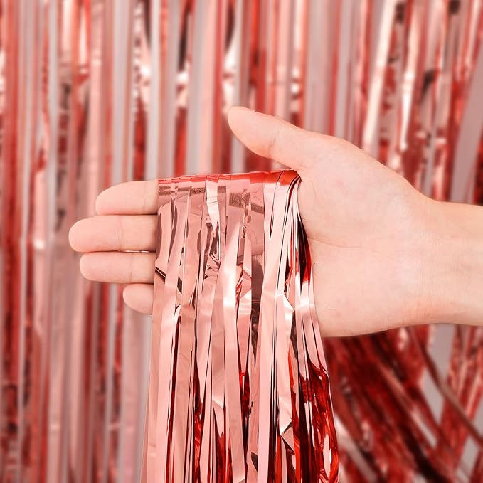 4 Pack Rose Gold Foil Fringe Backdrop Curtains, Tinsel Streamers Birthday Party - Image 2