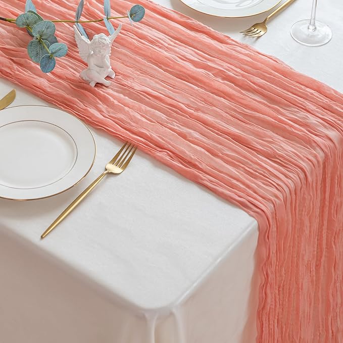 Sioloc 1 Pack Peach Coral Cheesecloth Table Runner Fall Autumn Decor - Image 3