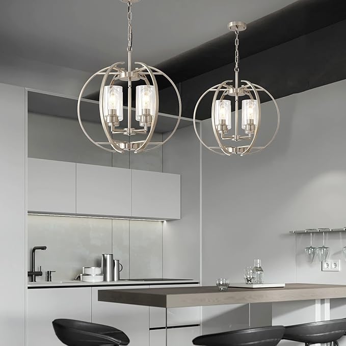 Large Lantern Globe Brushed Nickel Chandelier Lighting, Adjustable Hanging - Image 3