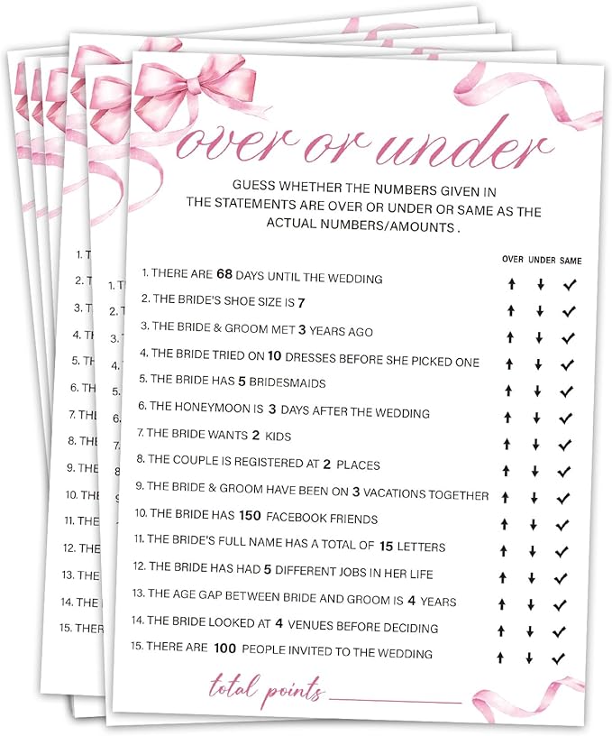Bridal Shower Games 30 Guests, Over or Under Bridal Shower Wedding Games by Unknown