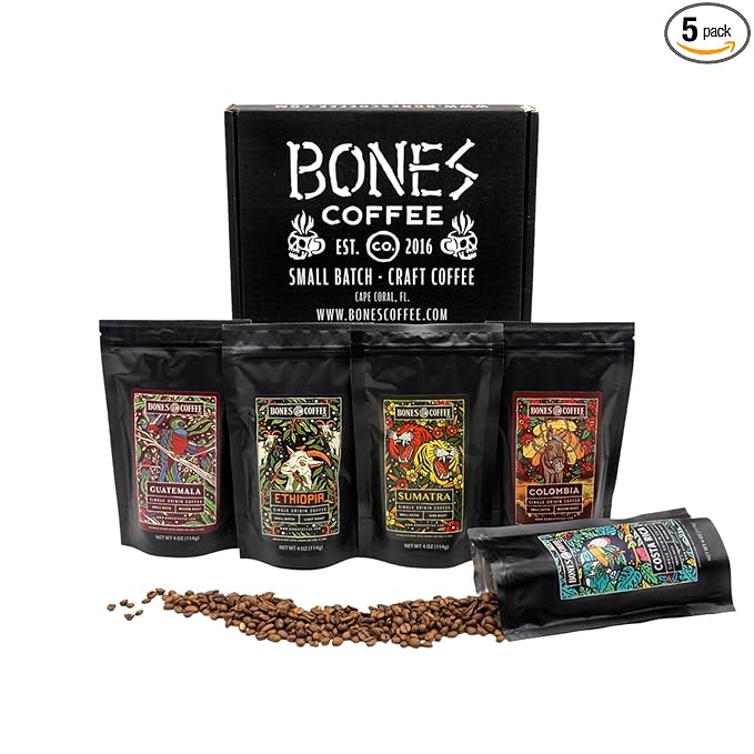 Bones Coffee Company NEW World Tour Sample Pack, Single-Origin Flavored Coffee by BonesCoffeeCompany