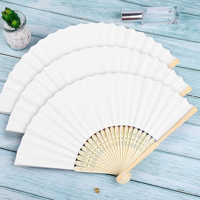 FEPITO 55 Pieces White Handheld Paper Fan Paper Folding Fans - Image 5