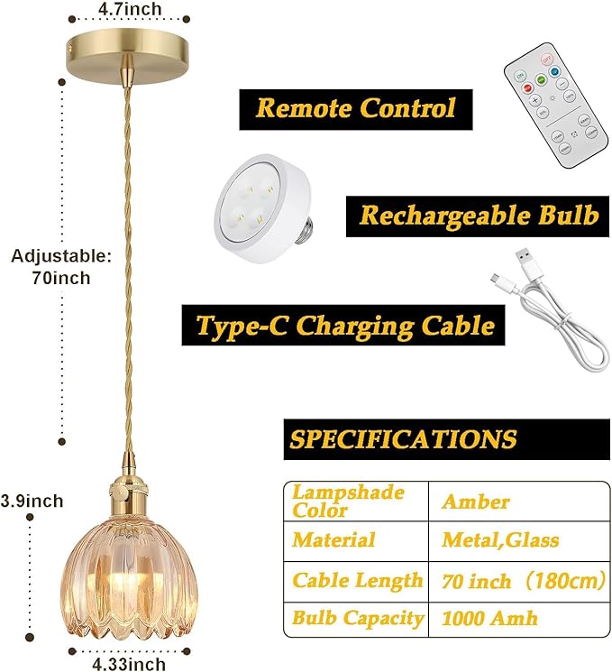 Vintage Gold Rechargeable Pendant Light - Image 7