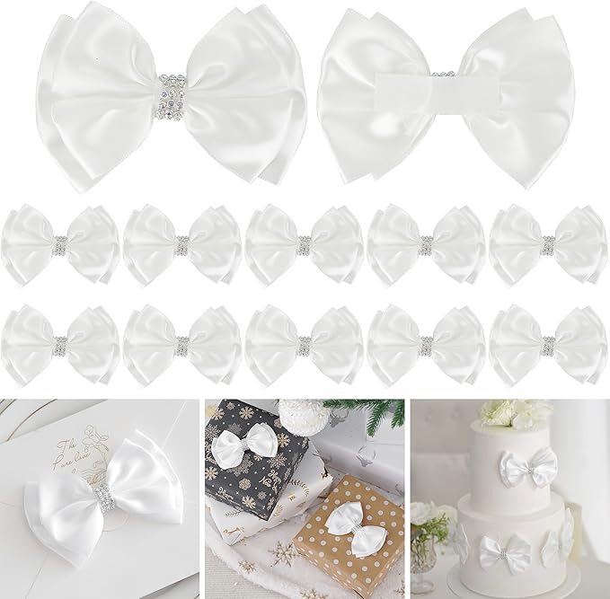 White Satin Bows 4'' Premade White Ribbon Bows, Gift Bows by LiBongTa