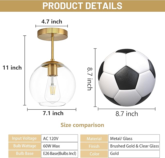 Gold Semi Flush Mount Ceiling Light Fixture - Image 5