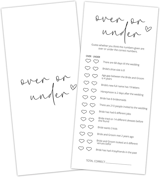Bridal Shower Games, Over or Under, Wedding Shower Games by Tsunerrorami