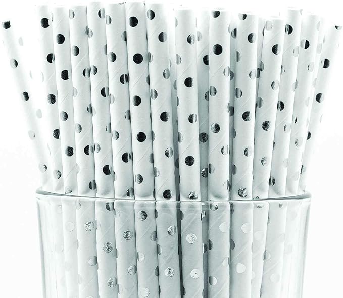 Pack of 150 Silver Polka Dot Foil Biodegradable 4-Ply Paper Drinking Straws by Stephanie+Imports