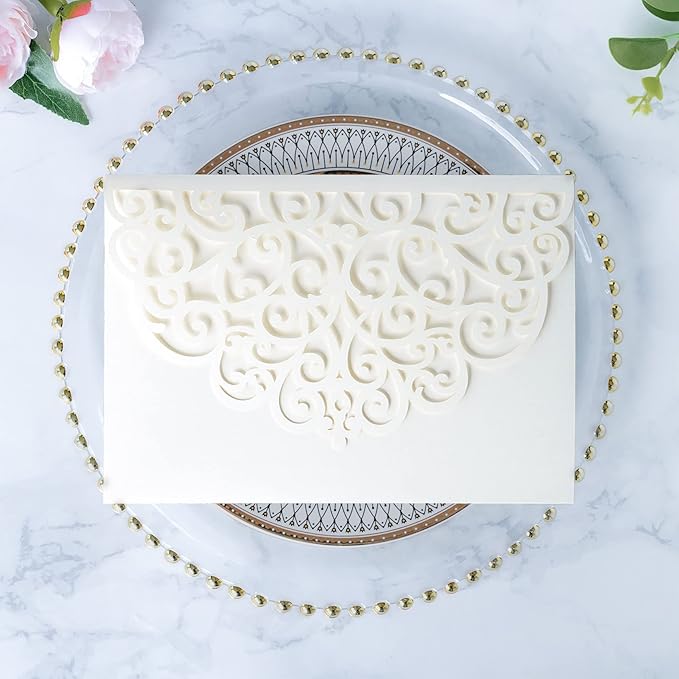 ponatia 5.12 x 7.2 Ivory Laser Cut Wedding Invitations, Trifold Laser Cut - Image 3