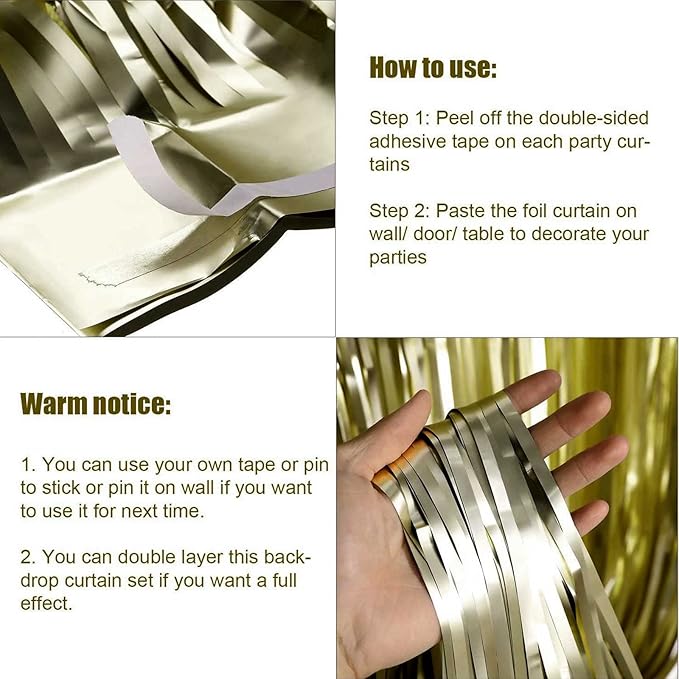 4 Pack Light Gold Foil Fringe Curtain Backdrop, 3.28Ft x 9.84Ft Metallic Tinsel - Image 3