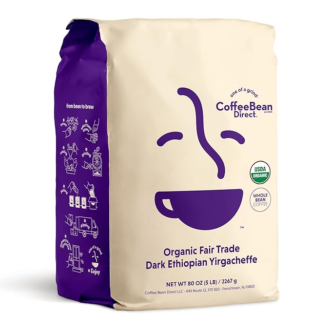 Coffee Bean Direct Organic Fair Trade Dark Ethiopian Yirgacheffe, Whole Bean by CoffeeBeanDirect