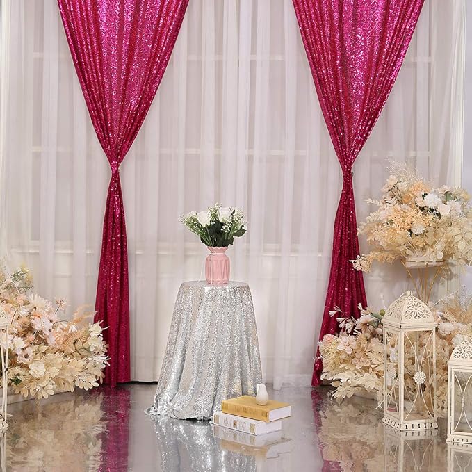 Poise3EHome 2Pcs 3Ft x 8Ft Hot Pink Sequin Backdrop Curtain, Glitter - Image 7