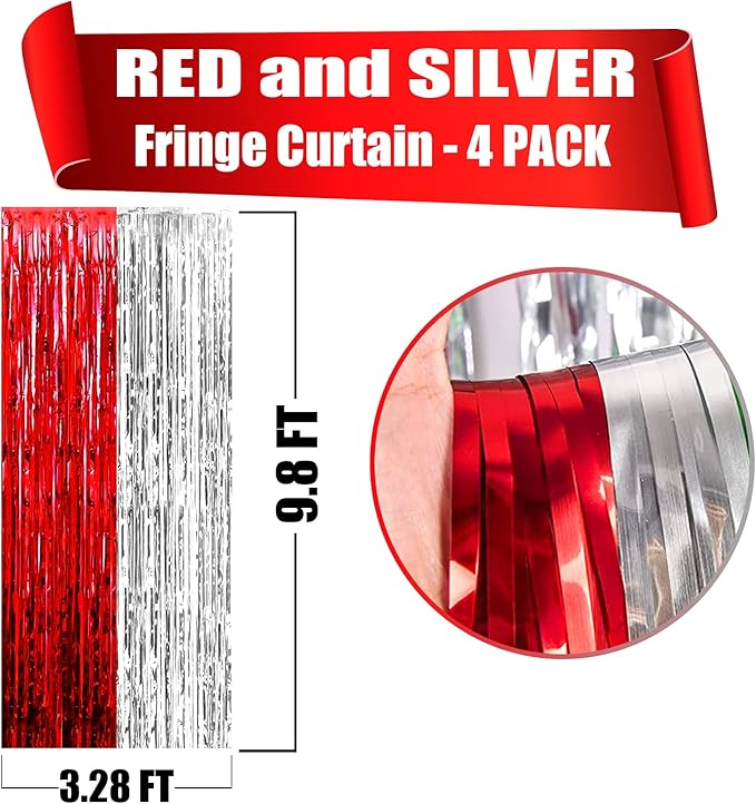 4 Pack Silver Red Foil Fringe Curtain Backdrop, 3.28Ft x 9.8Ft Metallic Tinsel - Image 2