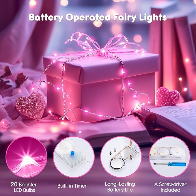 Minetom 12 Pack Pink Fairy Lights Battery Operated String Light - 7ft 20 LED - Image 2