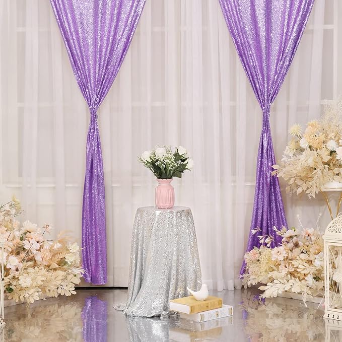 SquarePie Sequin Backdrop Curtain 2 Panels 2FT x 8FT Lavender Background - Image 3