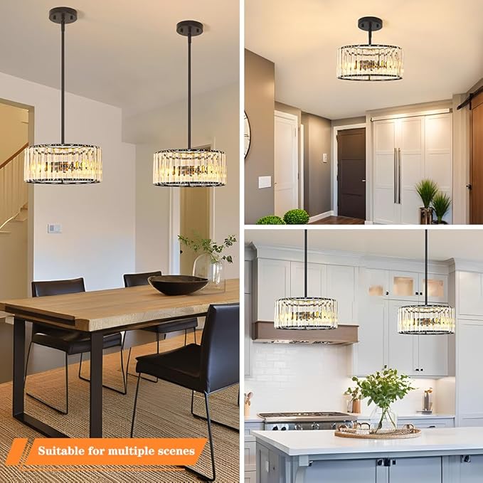 Black 3 Light Crystal Chandelier, Modern Dining Room Light Fixture over Table - Image 3