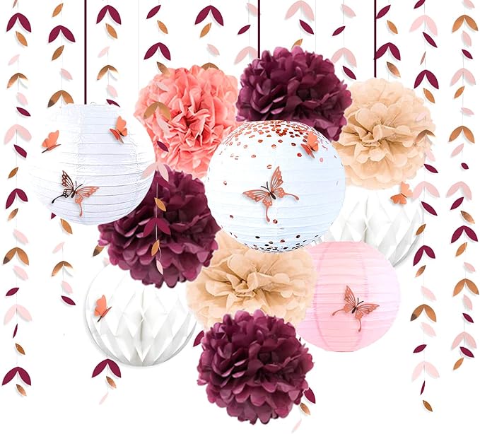 Burgundy Rose gold Pink Party Decorations Lanterns Flowers Pom Pom by pinkblume