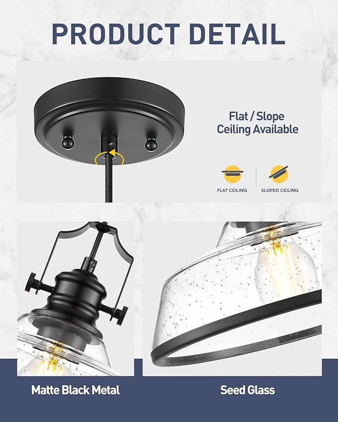 kudos Seeded Glass Pendant Light Kitchen Island, Adjustable Cord, KDPL13-BK-S - Image 4