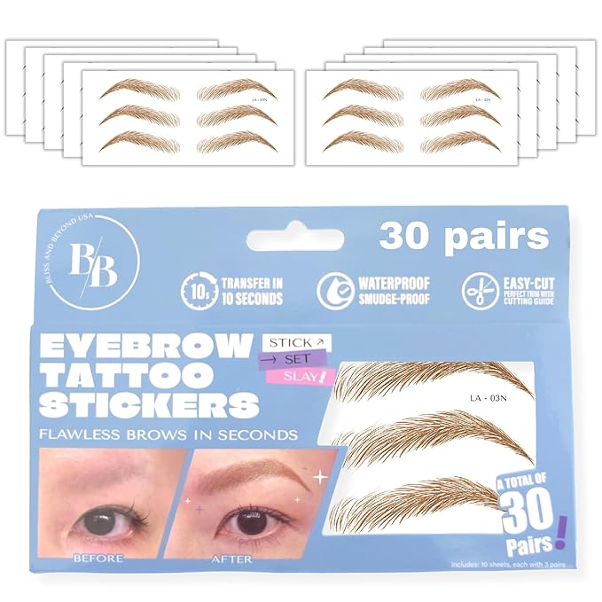 Bliss and Beyond USA Eyebrow Tattoo Stickers Waterproof – 30-Pair Deluxe Box | by BlissandBeyondUSA