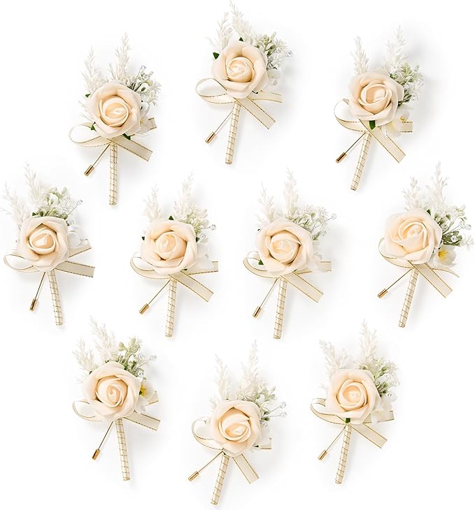 Serwalin 10Pcs Boutonniere for Men Wedding, Champagne Groom and Best Man by Serwalin